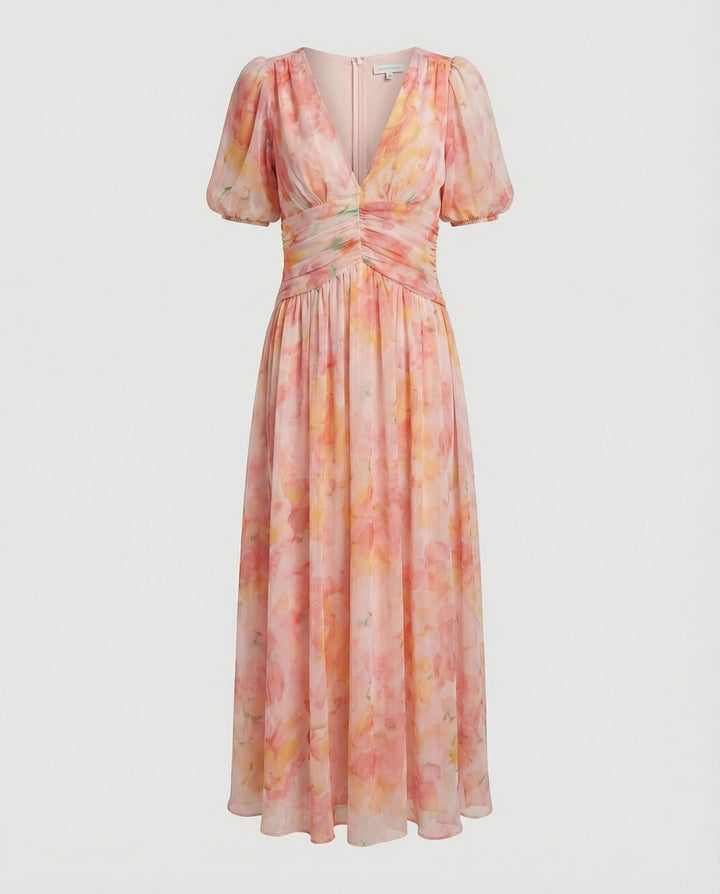 Cornelia | Damen Wickel-Maxikleid mit Puffärmeln und femininem Schnitt