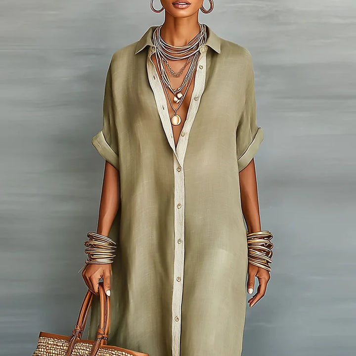 Nela | Damen Luftiges Button Down Hemdkleid Maxi mit kurzen Ärmeln