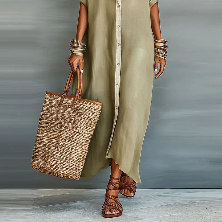 Nela | Damen Luftiges Button Down Hemdkleid Maxi mit kurzen Ärmeln