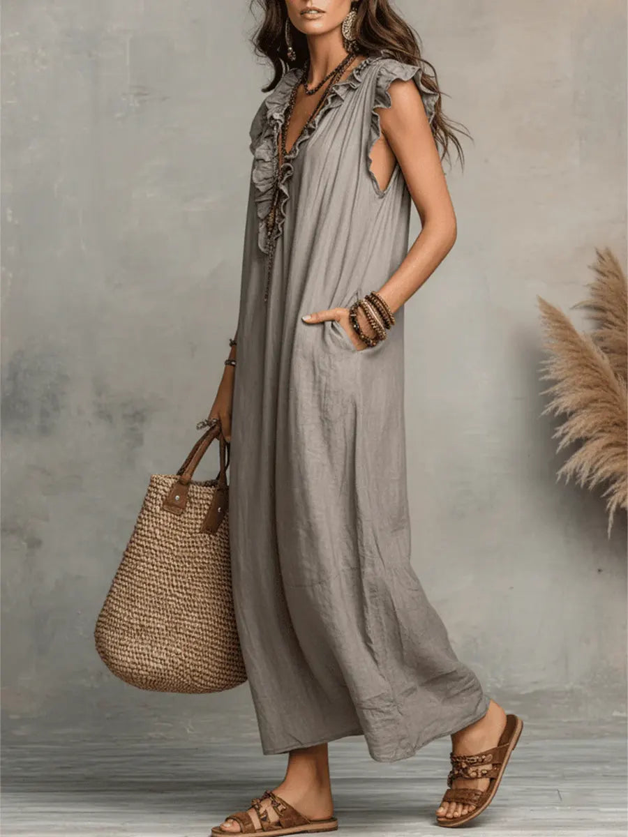 Rachel | Damen Langes Ärmelloses Maxikleid mit Rüschen