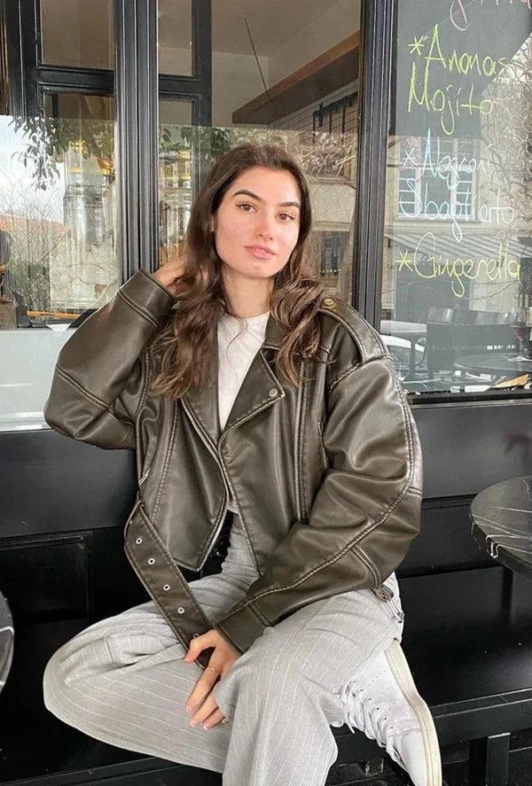 Rosanna | Damen Kurze Leder Bikerjacke mit asymmetrischem Reissverschluss