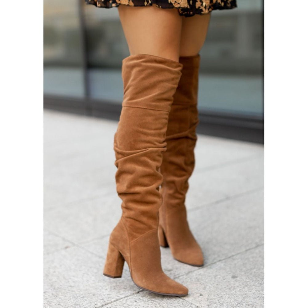Dominique | Damen Kniehohe Spitze Zehenpartie Absatz Boots