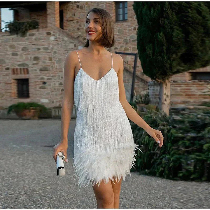 Myriam | Damen Festliches Feder Cocktailkleid mit Pailletten und Spaghettiträgern