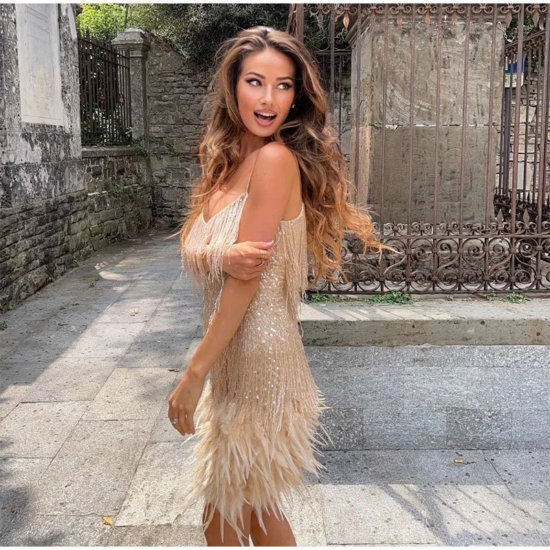Myriam | Damen Festliches Feder Cocktailkleid mit Pailletten und Spaghettiträgern