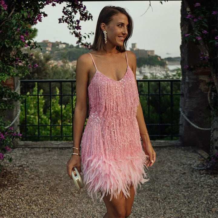 Myriam | Damen Festliches Feder Cocktailkleid mit Pailletten und Spaghettiträgern
