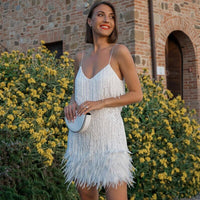 Myriam | Damen Festliches Feder Cocktailkleid mit Pailletten und Spaghettiträgern