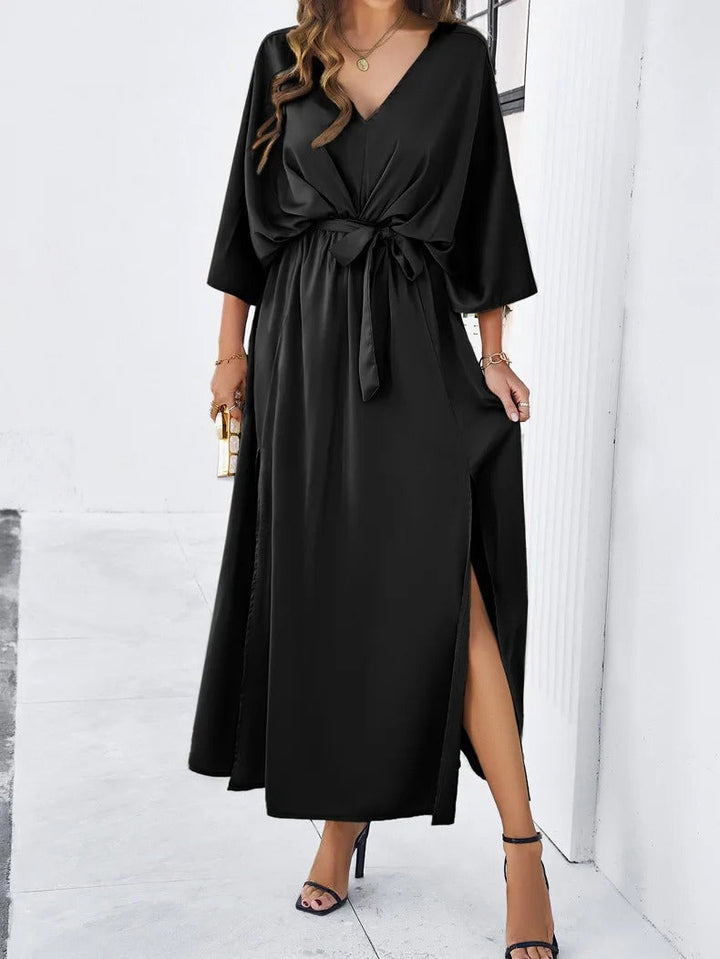Andrea | Damen Elegantes Satin-Wickelkleid Mit Seitenschlitz