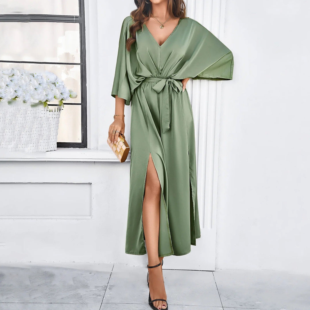 Andrea | Damen Elegantes Satin-Wickelkleid Mit Seitenschlitz