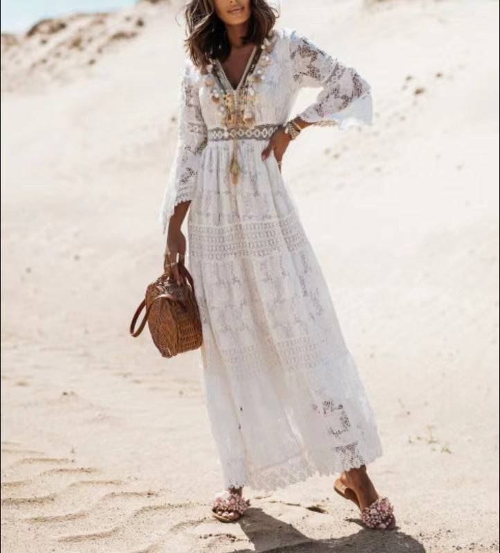 Carina | Damen Sommer Spitze Boho Maxikleid
