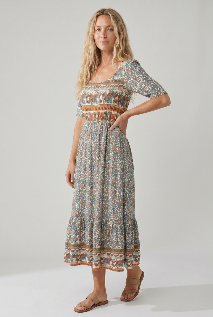 Ricarda | Damen Sommer Bedrucktes Boho Midikleid