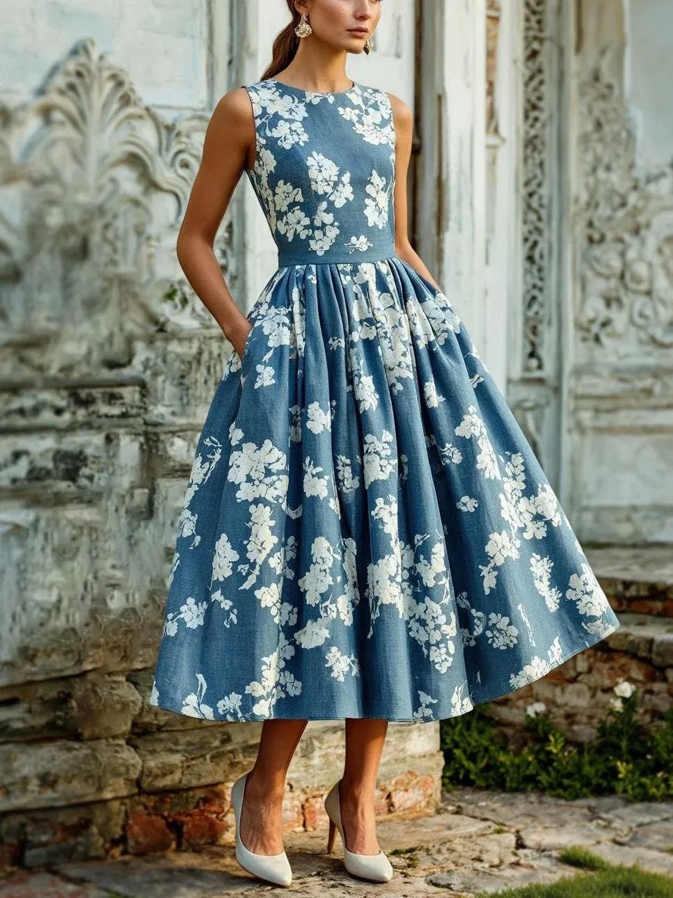 Priska | Damen Elegantes Hochzeitsgast Midikleid mit Blumenmuster