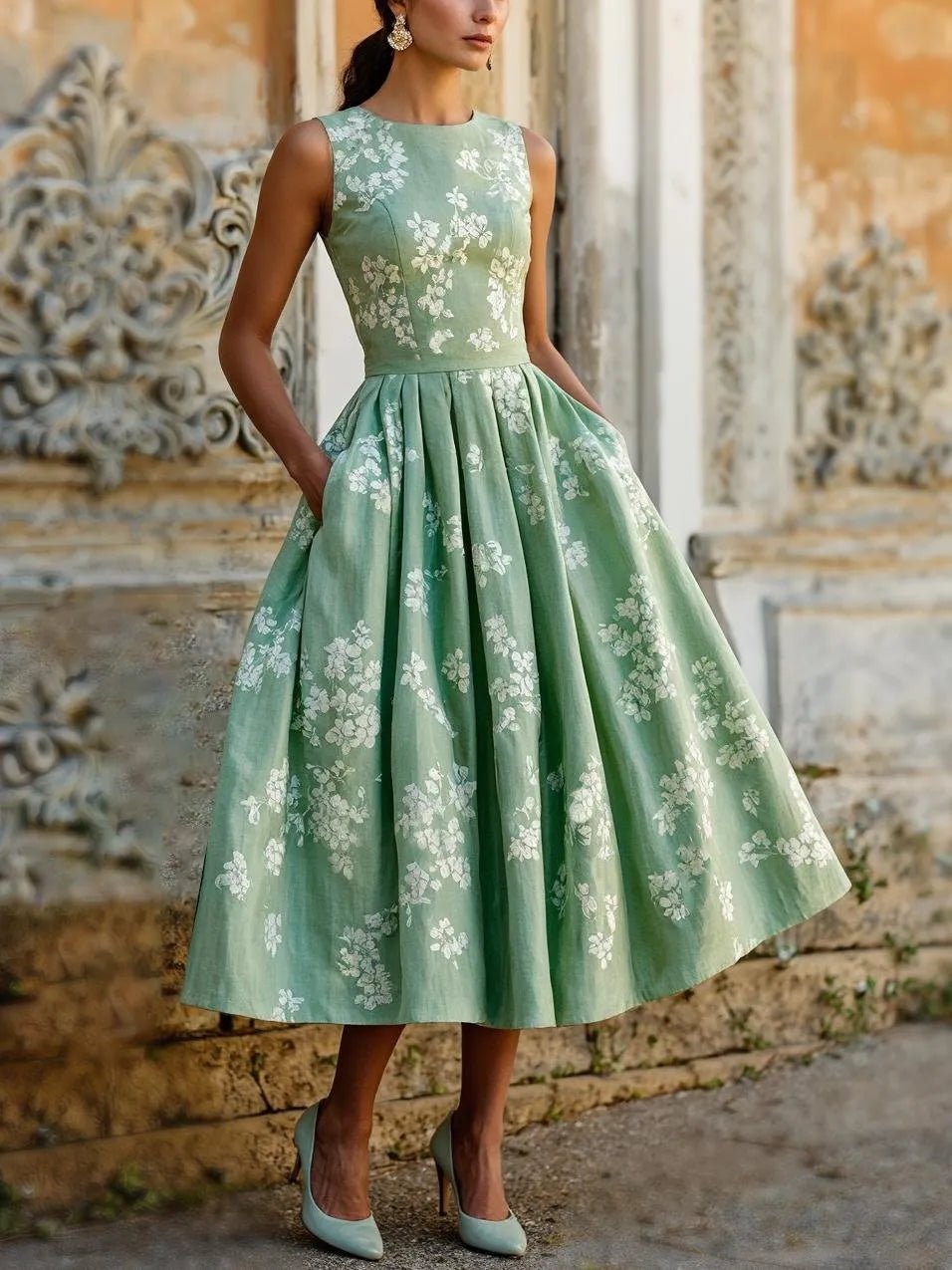 Priska | Damen Elegantes Hochzeitsgast Midikleid mit Blumenmuster